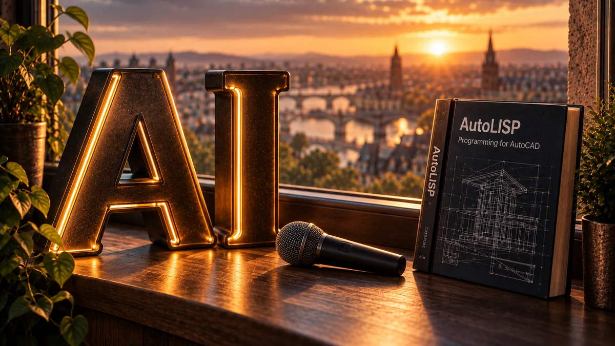 Glowing AI letters, a microphone and an AutoLISP for AutoCAD book on a windowsill above a city at sunset