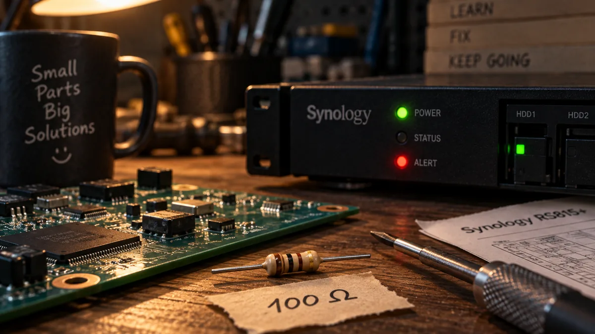 Synology RS815+ motherboard with the replacement 100 ohm resistor soldered in