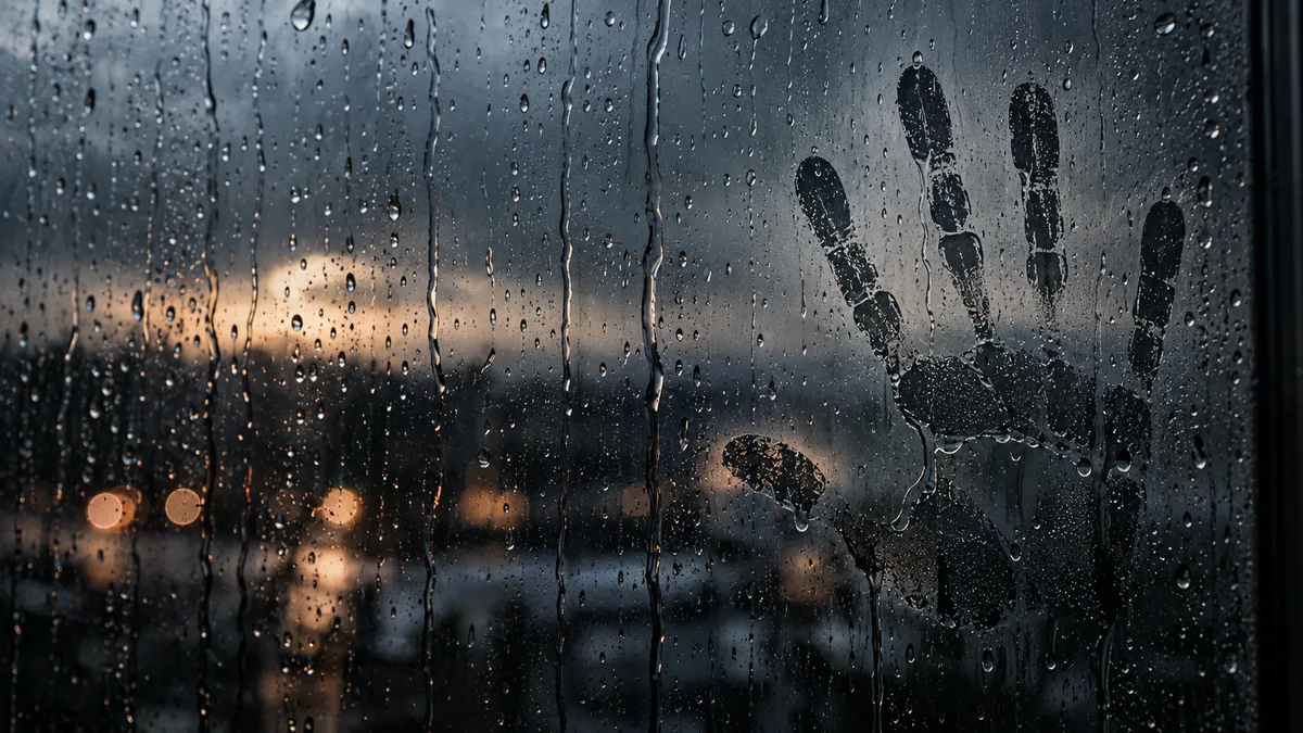 A handprint pressed into a rain-covered window at dusk, with blurred city lights behind the wet glass