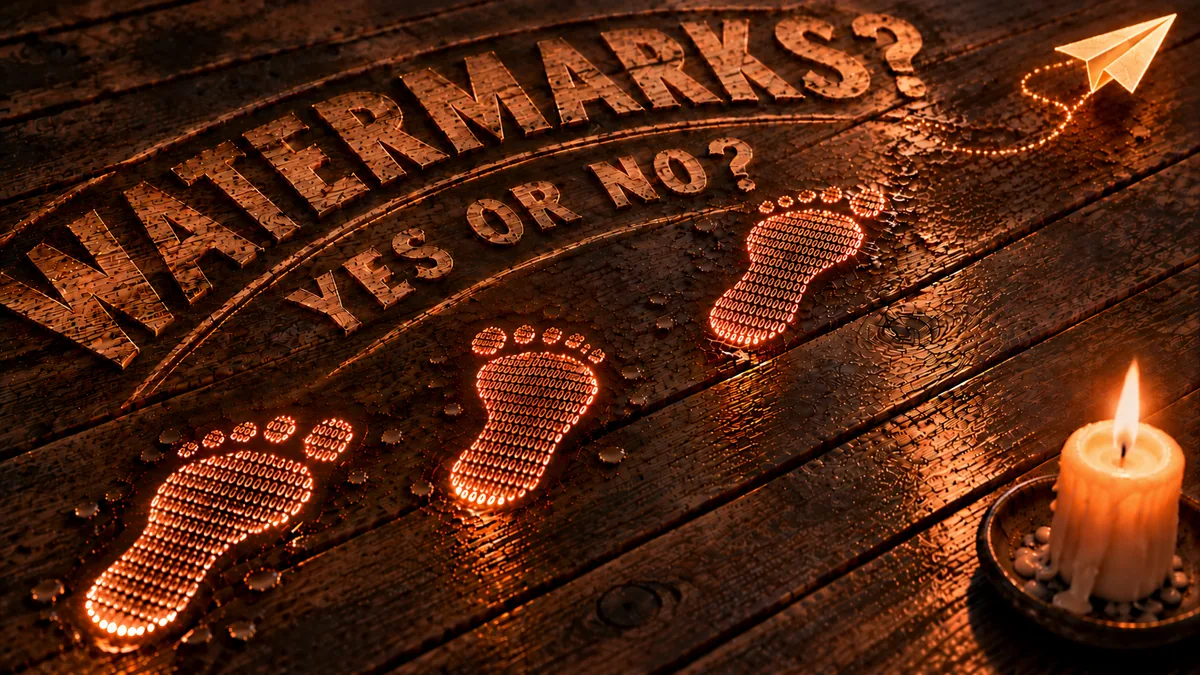 'WATERMARKS? YES OR NO?' glowing on dark wood planks, with footprints made of binary code and a lit candle