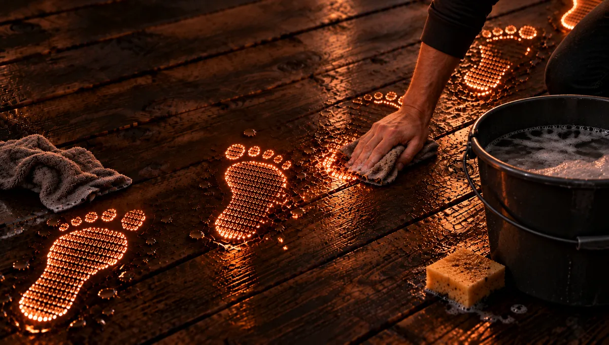 A hand with a cloth scrubbing away glowing binary-code footprints on wet wooden planks, a bucket of soapy water beside it