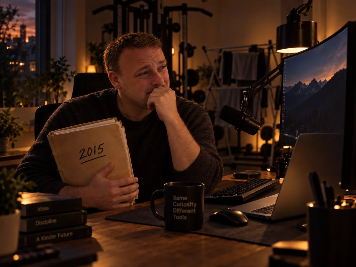 A man at a desk at night holding an old 2015 folder to his chest, a modern screen and mic beside him
