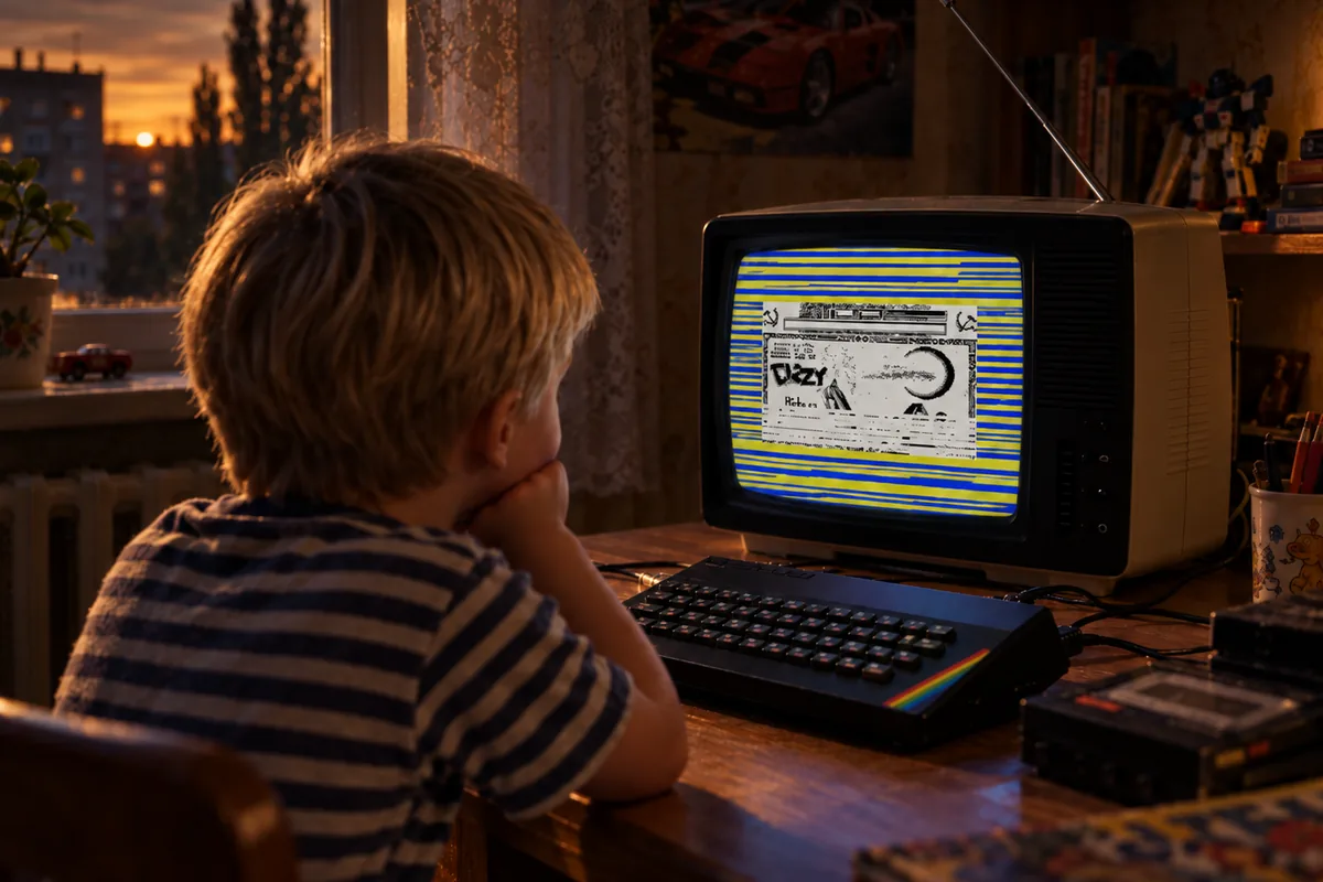 A young boy at a ZX Spectrum watching a game load on an old TV, evening light through the window