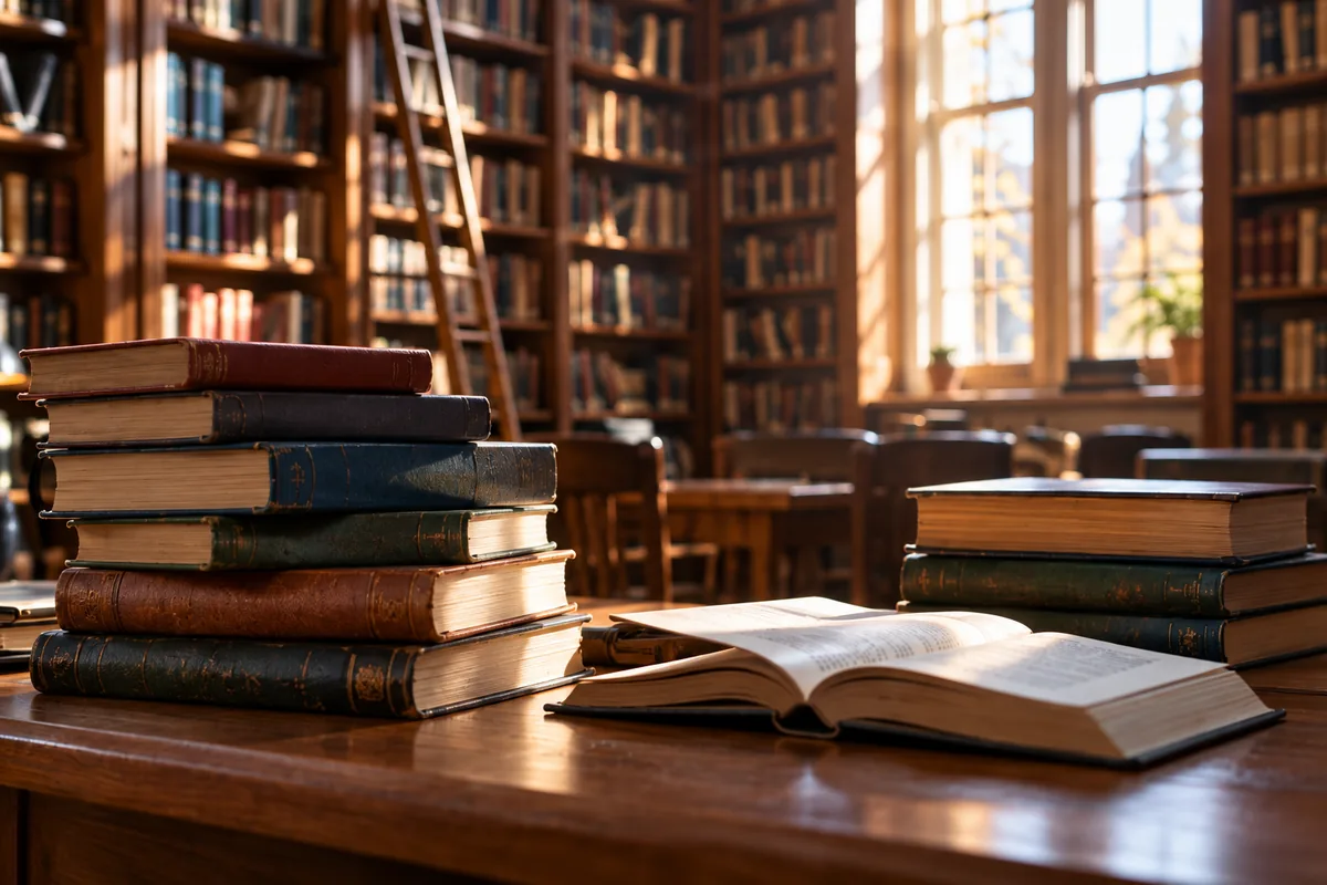 A stack of old books on a table