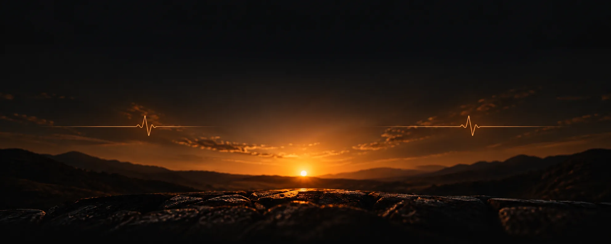 Sunset over dark hills with a faint heartbeat line drawn across the sky