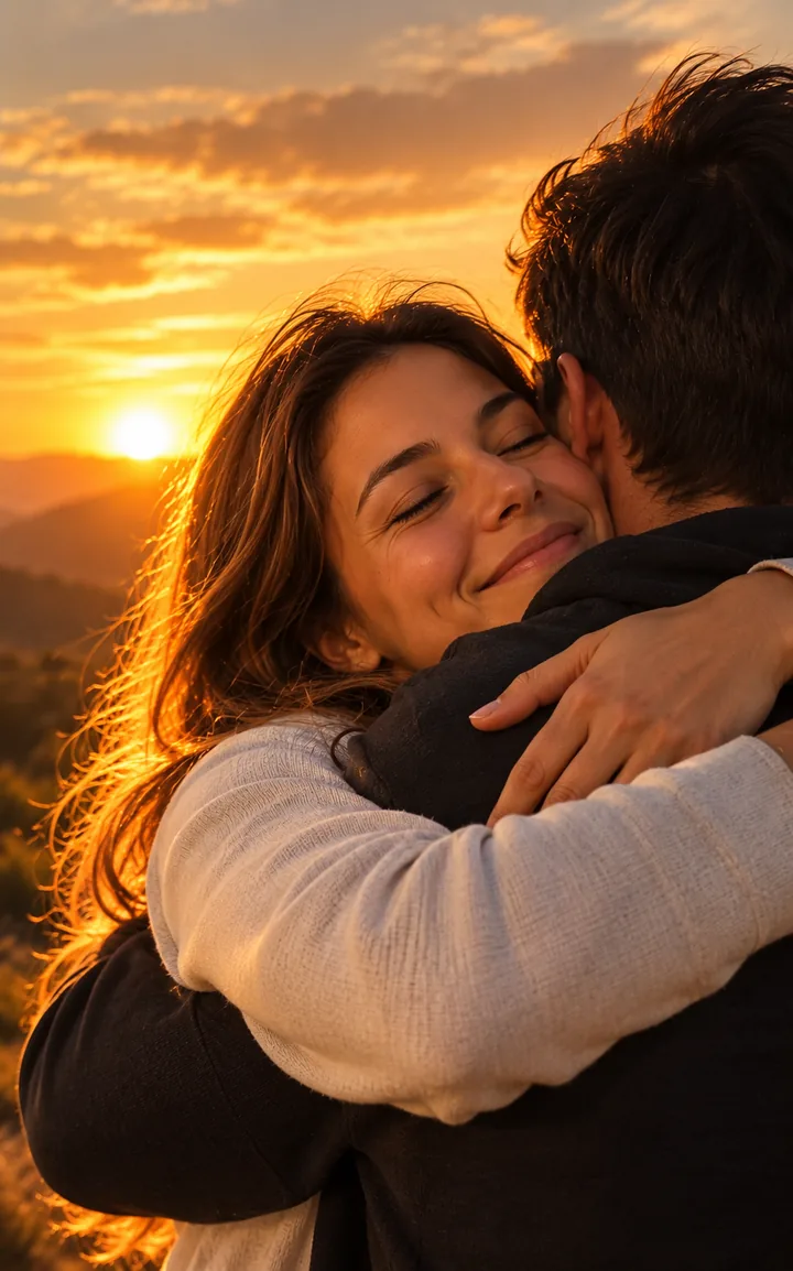 Woman smiling with eyes closed as she hugs a man, warm sunset behind them