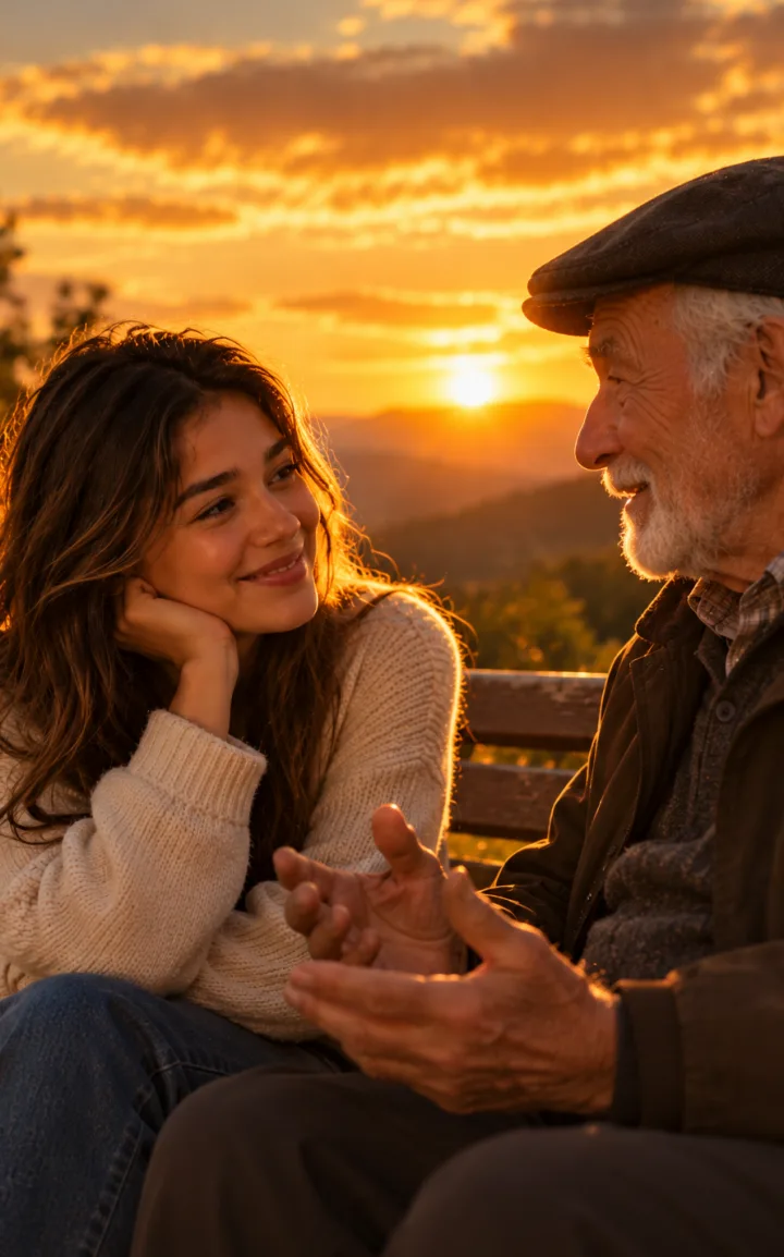 Young woman smiling as an older man in a flat cap talks with her on a bench at sunset