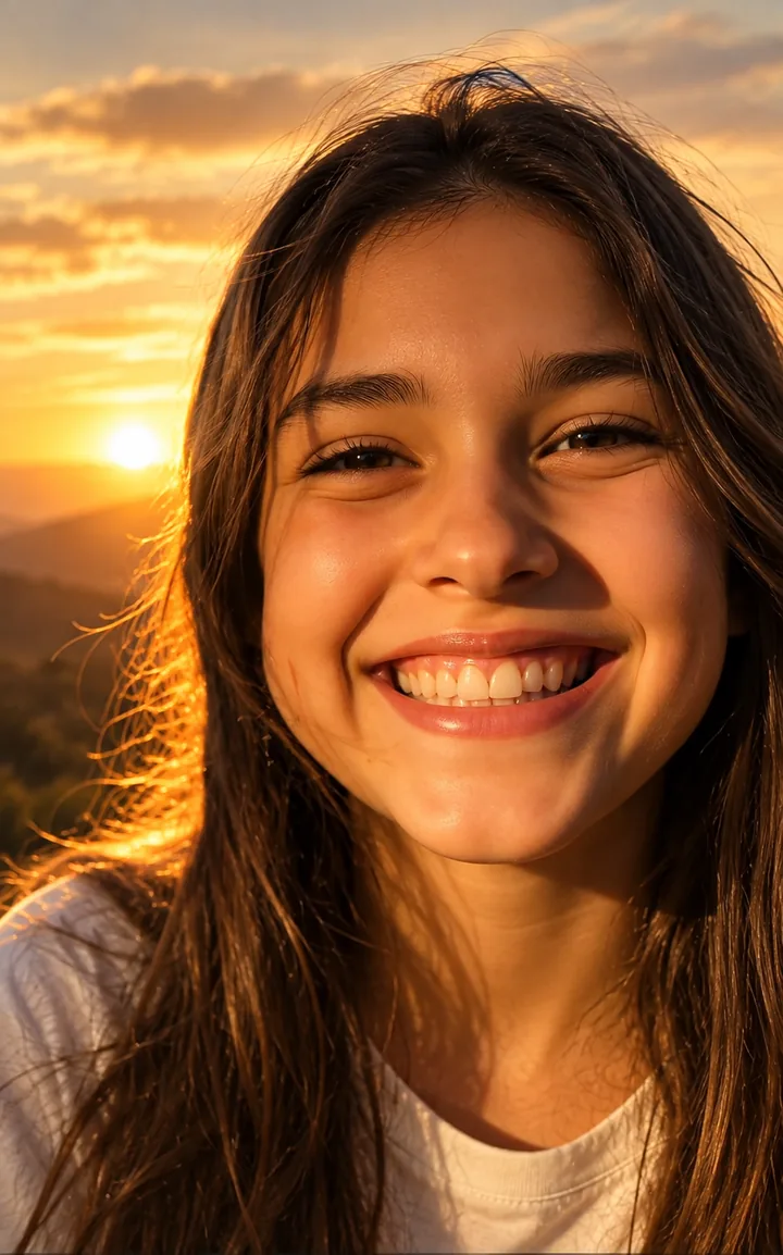 Young woman smiling into golden sunset light over hills