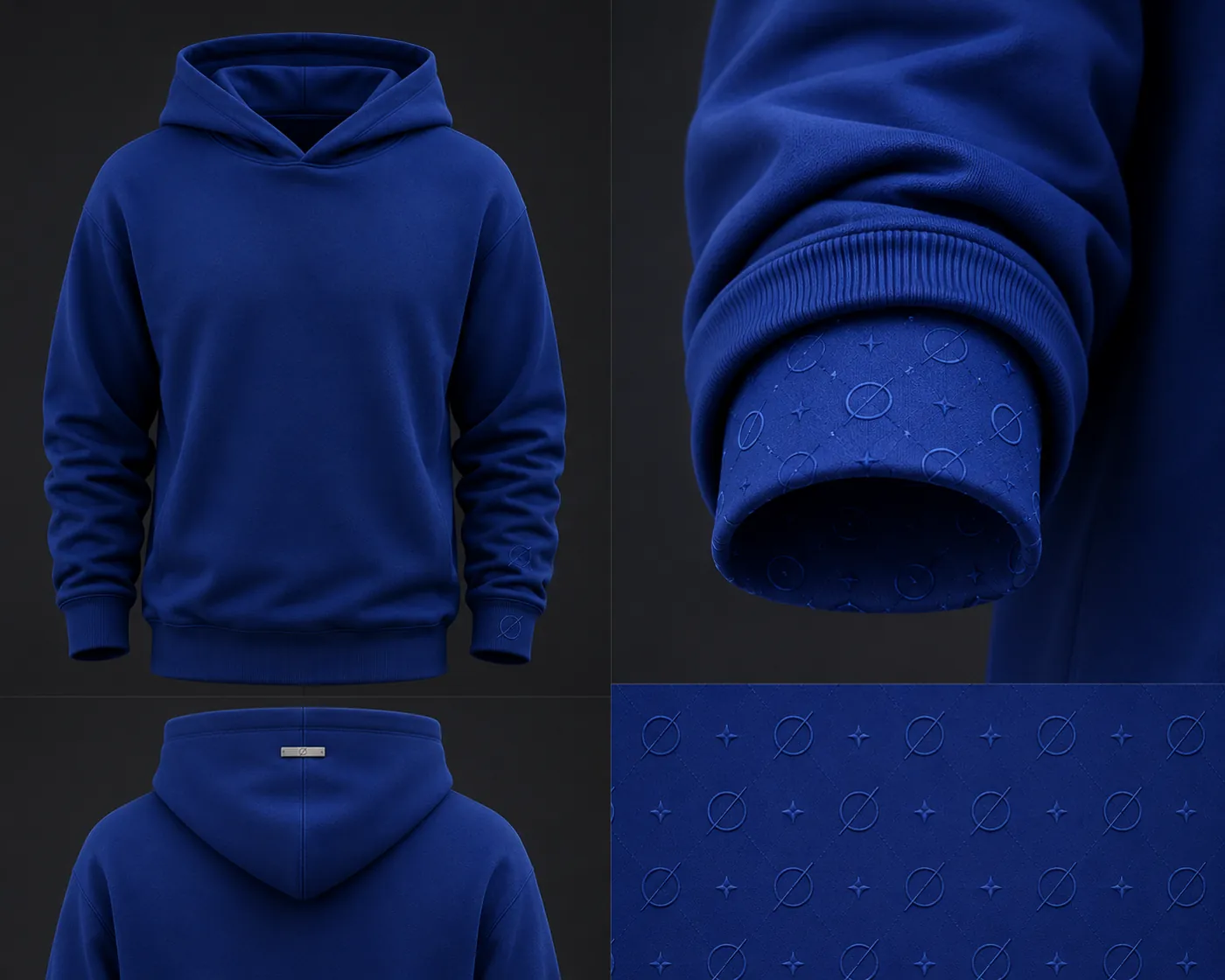 Concept renders: dark blue hoodie front and back, cuff detail with an embossed ZeroWic pattern inside