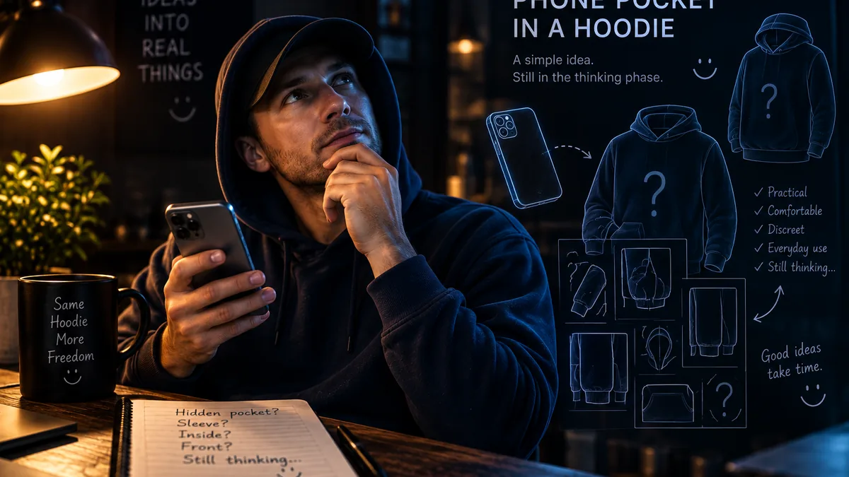 Concept render of a dark blue hoodie with a subtle ZeroWic pattern inside the cuff