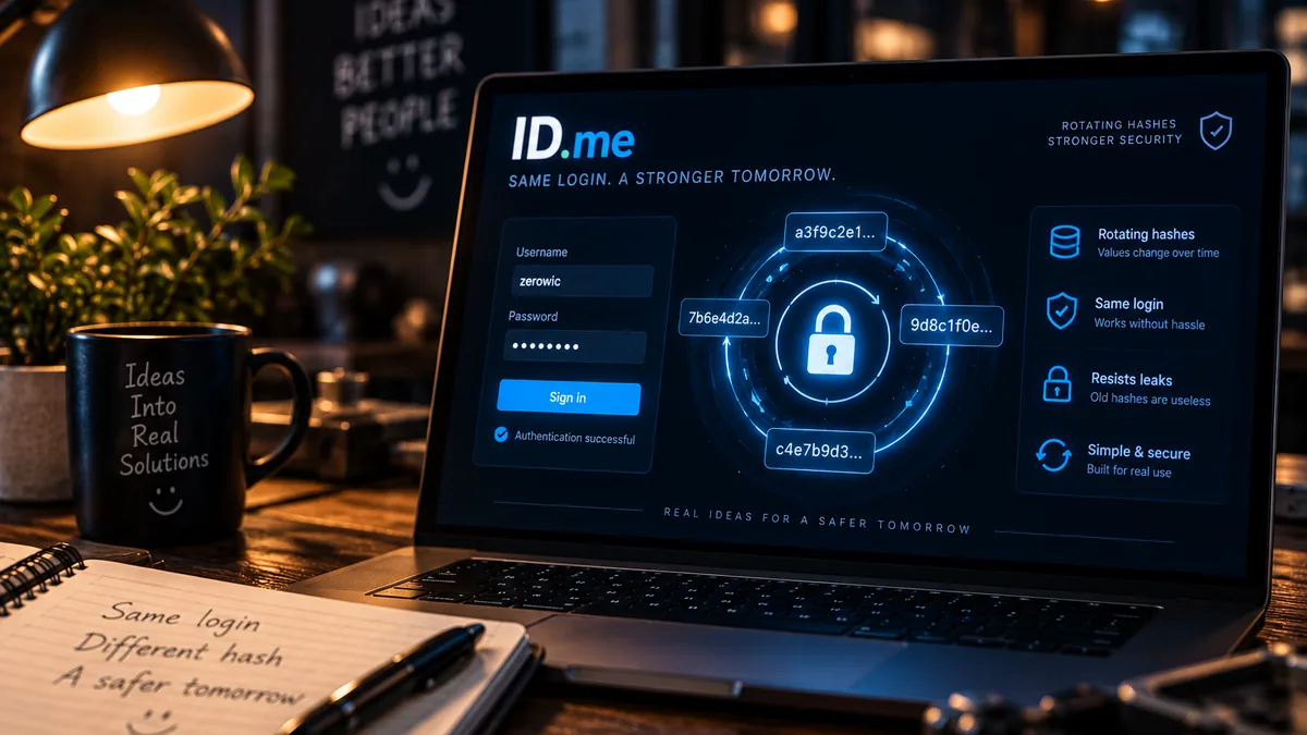 Laptop showing an ID.me concept login with a rotating-hash security graphic, beside an Ideas Into Real Solutions mug've been carrying since 2022, with the registration panel showing what is hashed and what is not