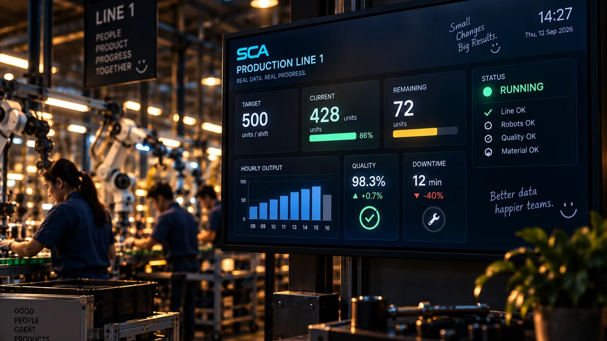 The rebuilt production board: three shifts with plan, actual, UPH and efficiency, and a 24-hour grid