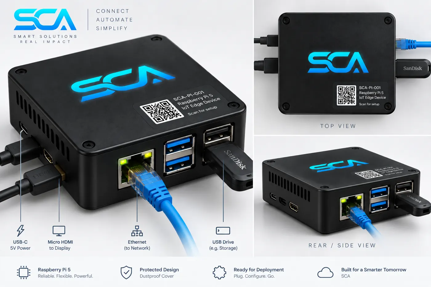 The Raspberry Pi 5 kit in a small black case: USB-C power, micro HDMI to the screen, one network cable, one USB stick