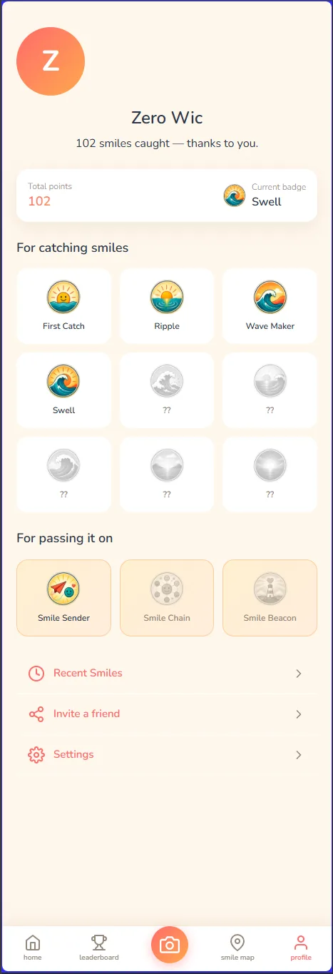 SmileWave profile with badges for catching smiles and for passing it on
